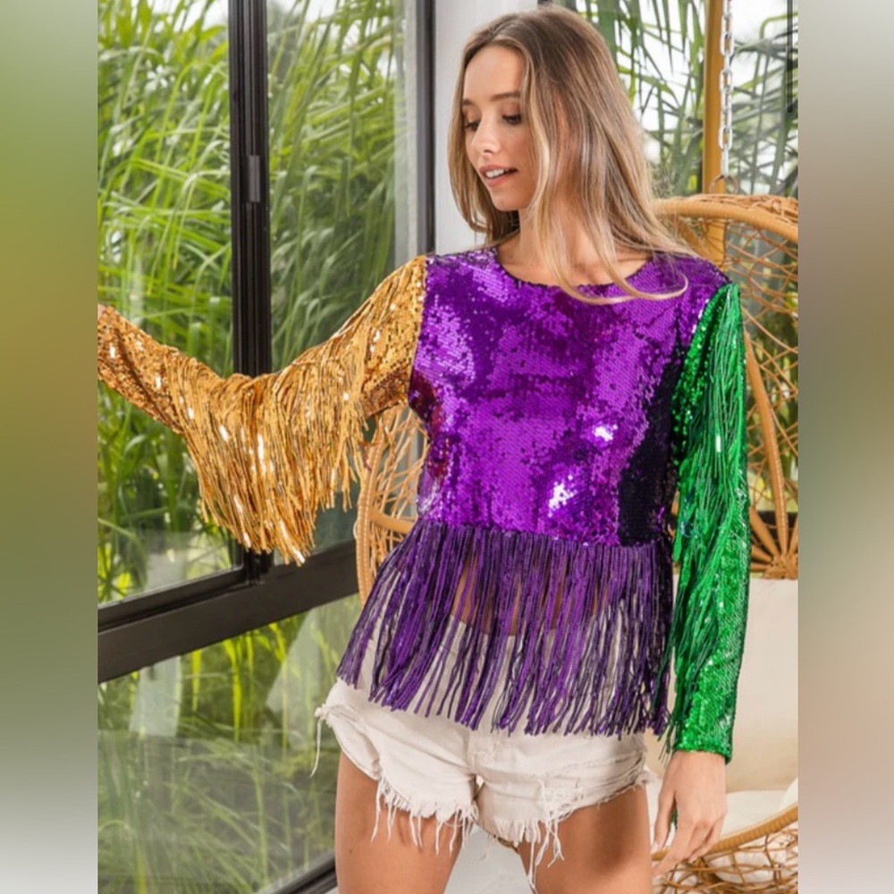 Mardi Gras Fringe Slv Sequin Top